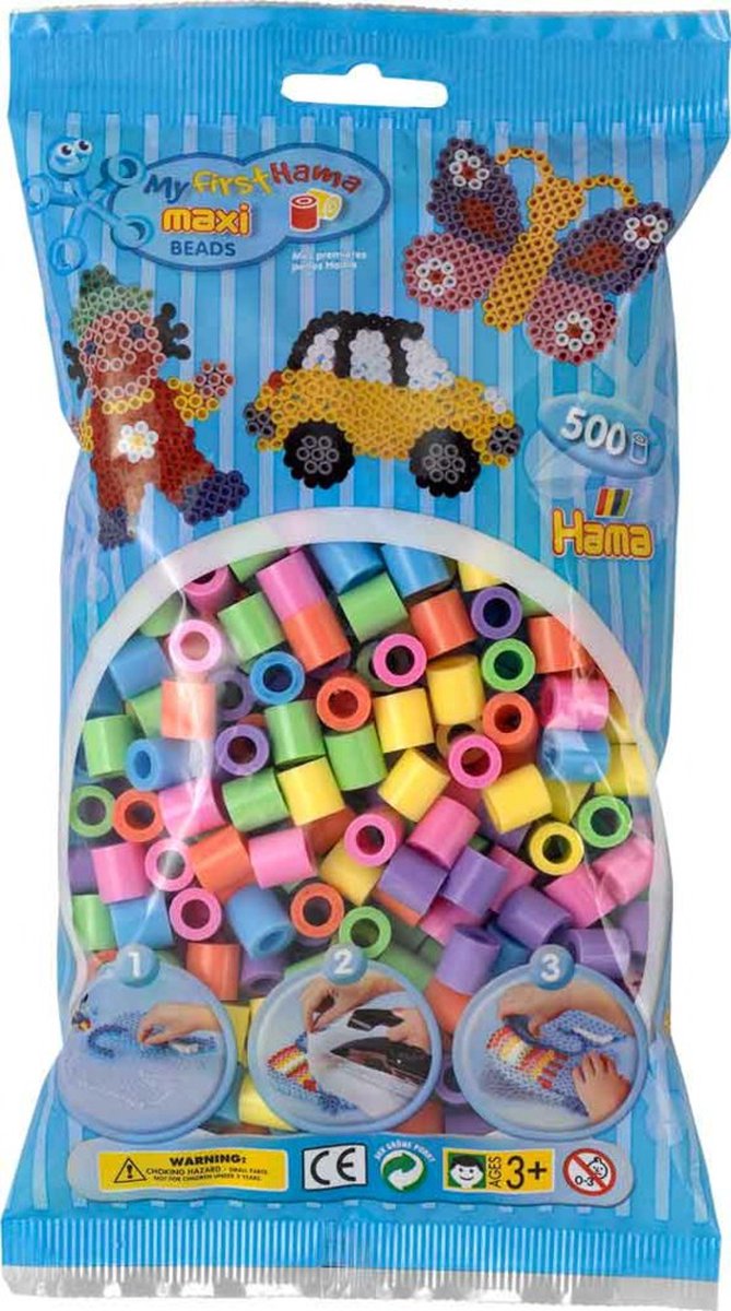 Hama MAXI strijkkralen pastel mix (gemengde zachte kleuren), zak met 500 stuks EXTRA GROTE MAXI strijkparels (creatief kralen cadeau voor kleine kinderen)