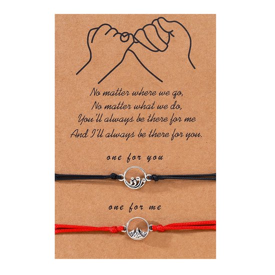 Bracelets d'amitié pour 2 avec océan et Berg - Couleur argent - Bracelets noires et rouges - Bracelet BFF sur étiquette cadeau - Pax Amare