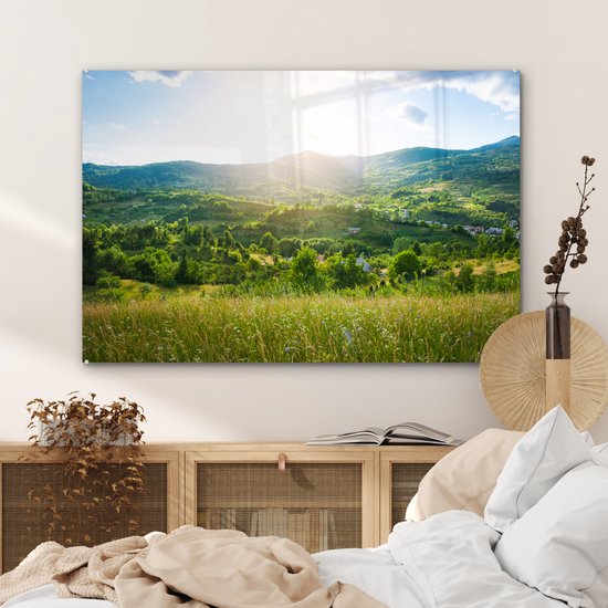 Peinture sur verre - Photo sur verre - Paysage - Herbe - Nature - Arbres - Peinture sur verre - Décoration d'intérieur - Verre acrylique - Peinture sur verre nature - 120x80 cm - Décoration murale