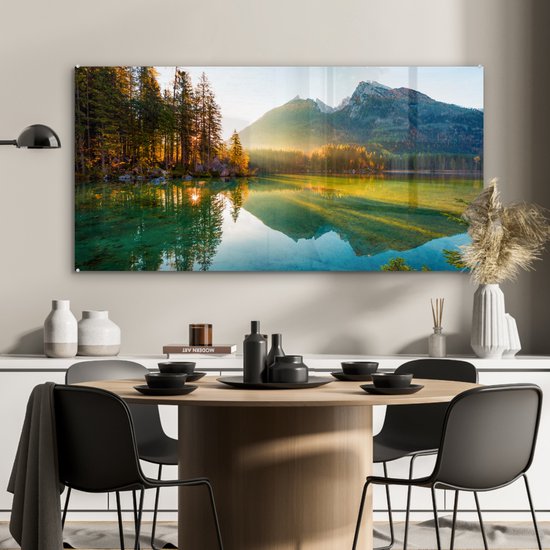 Peinture sur verre - Plaque acrylique - Lac - Water - Vert - Montagnes - Arbre - Décoration murale - Peinture sur verre - Verre acrylique - Photo sur verre - 120x60 cm - Peinture sur verre nature - Décoration murale