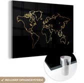 MuchoWow® Glasschilderij 90x60 cm - Schilderij acrylglas - Gouden wereldkaart op een zwarte achtergrond - Foto op glas - Schilderijen