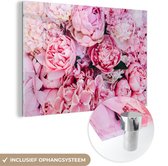 MuchoWow® Glasschilderij 90x60 cm - Schilderij acrylglas - Bloemen - Roze - Rozen - Foto op glas - Schilderijen