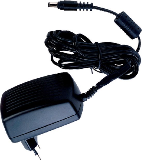 Zwarte DYMO netadapter met twee polige EU-stekker en zwarte kabel met ronde connector.