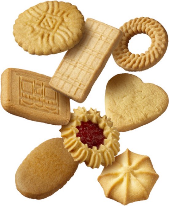 Selectie van verschillende Elite koekjes, waaronder een hartvormig, rond, rechthoekig en gevuld koekje.