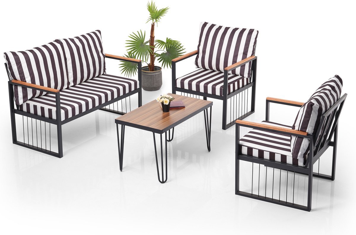 Tuinmeubelset - Loungeset - Tuinset 4 persoons - Outdoor - Incl. Kussens en tafel - Zebra - Metaal - Design