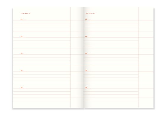 Open dagboek met lijntjes voor 1 en 2 januari, oranje omslag.