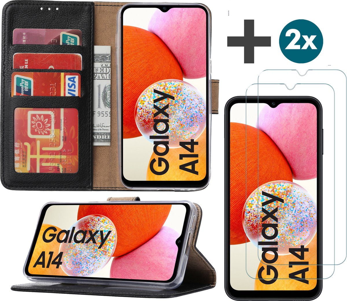 Arara Hoesje geschikt voor Samsung Galaxy A14 (5G/4G) hoesje - bookcase met pasjeshouder + 2x Screenprotector tempered glass - Zwart