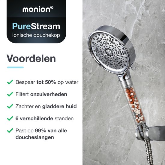 Monion Waterbesparende Douchekop - PureStream Handdouche - Met Ionische Filter - Regendouche / Massage - 6 Standen - Monion