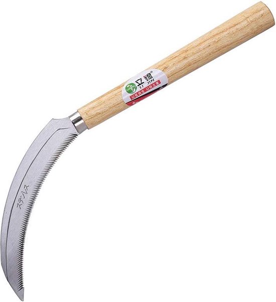  - 6.3 inch zaagtandgras en Japans onkruid sikkel roestvrij staal, 7.87 inch hardhouten handvat