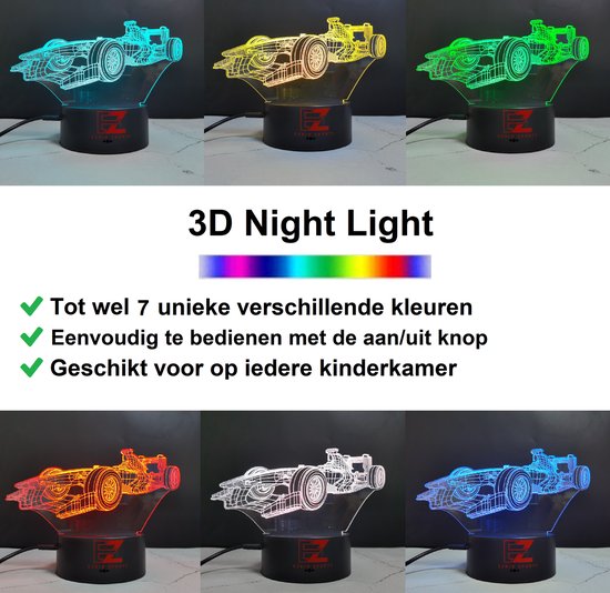Nachtlampje Kinderen – 3D Night Light – LED Lamp – 3D Lamp – Tafellamp Slaapkamer – Night Lamp – Nachtlichtje – Verjaardagscadeau – Formule 1 – Raceauto - EZRIO SPORTS