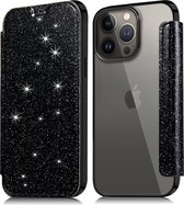 Flip Case Geschikt voor Apple iPhone 14 Pro Max - Zwart - Glitters - Folio Hoesje