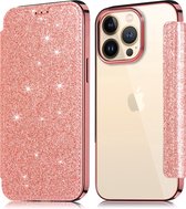 Flip Case Geschikt voor Apple iPhone 14 Pro - Roze - Glitters - Folio Hoesje