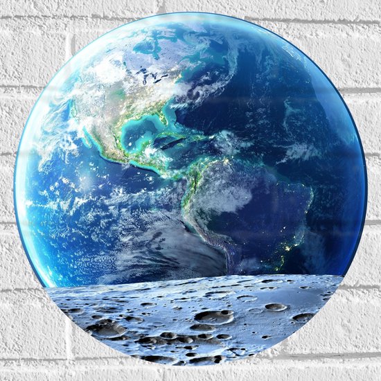 Muursticker Cirkel - Uitzicht vanaf de Maan op de Wereld - 40x40 cm Foto op Muursticker