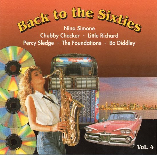 Albumhoes met tekst 'Back to the Sixties', een saxofoniste, een jukebox, een rode auto en cd's.