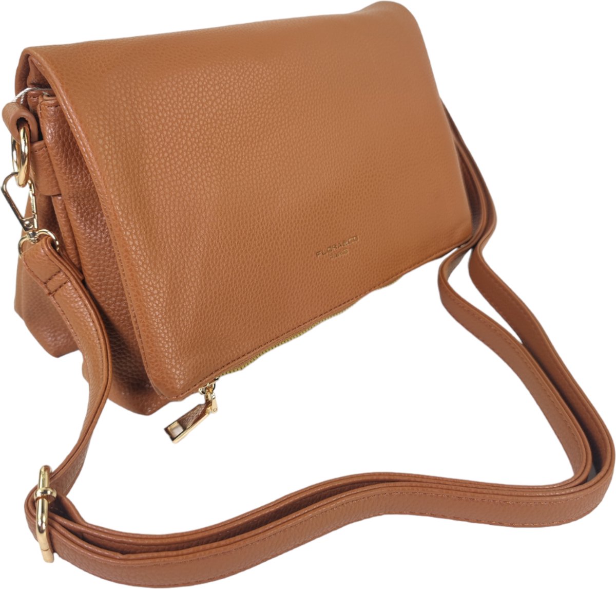 Flora & Co - trendy crossbody handtas met flap - fashion riem - camel