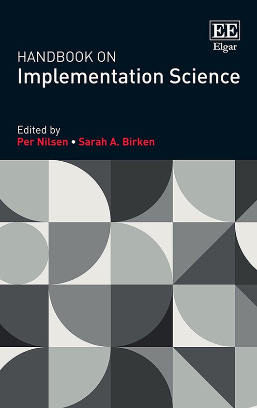 Boekcover 'Handbook on Implementation Science' met rode tekst voor 'Edited by Per Nilsen • Sarah A. Birken' en abstract geometrisch patroon.