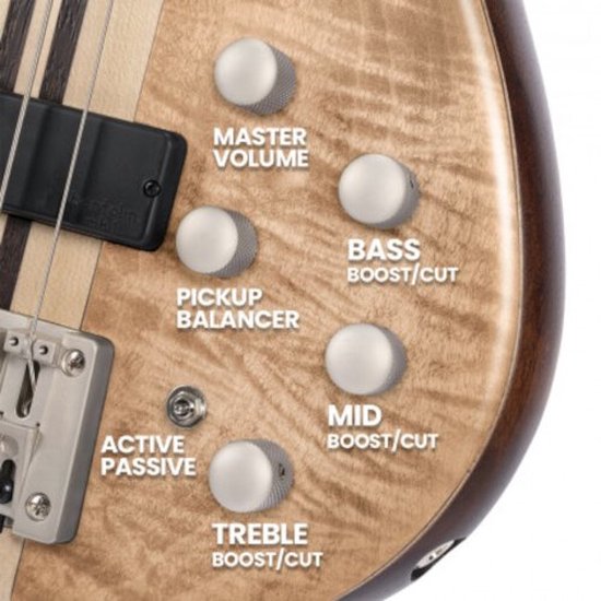 Detail van de knoppen: Master Volume, Pickup Balancer, Active Passive, Bass, Mid, Treble.
