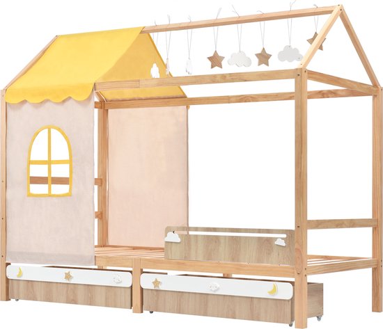 Lit Cabane pour Enfant avec Rideaux de Nuages en Tissu et Toile Suspendue,  Lits d'enfant en Pin Naturel 90x200 cm