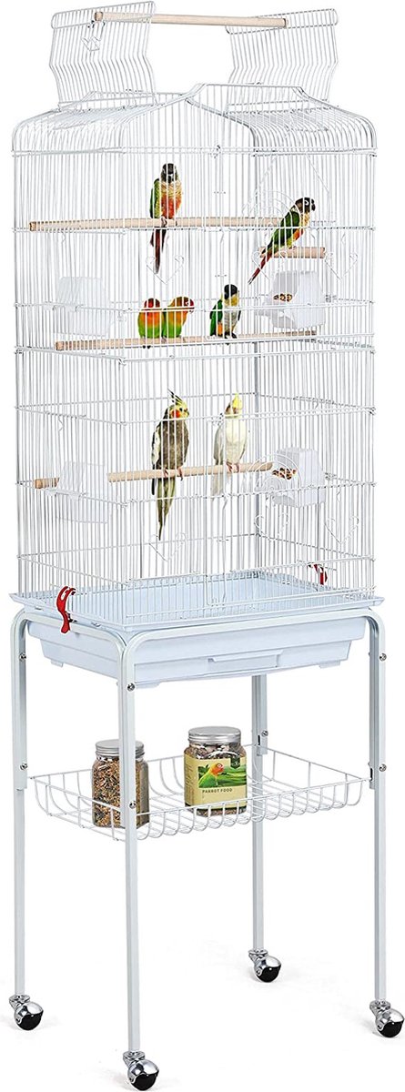 Bol.com Papa Simba XXL Vogelkooi voor Parkieten & Kanaries - Met Standaard, Wielen, Zitstokken & Voerbakken - Sterk Metaal- Wit-... aanbieding