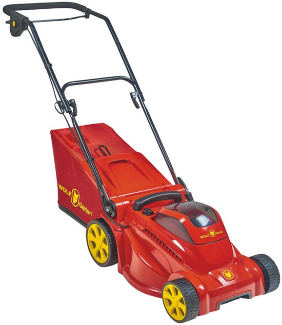 WOLF-Garten duwgrasmaaier, rood met gele wielen en zwarte handgreep.