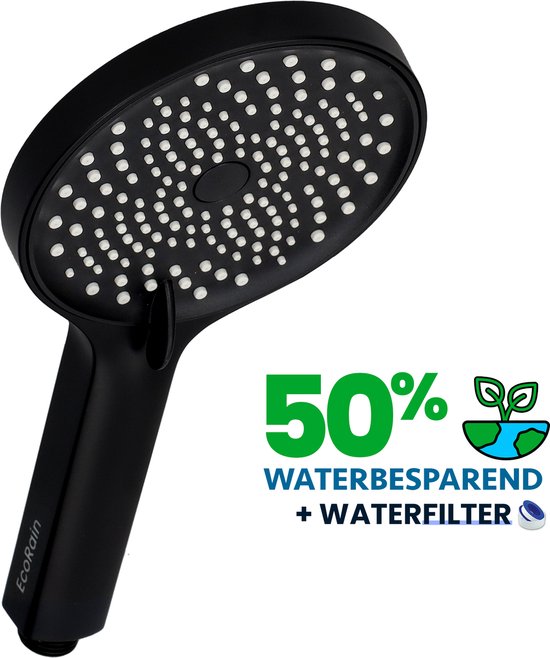 EcoRain™ Charly Pommeau de Douche Economie d'Eau Zwart - 50% d'Economie d'Eau - Douche Pluie 13 cm - 3 Modes de Jet - Haute Pression - Douchette