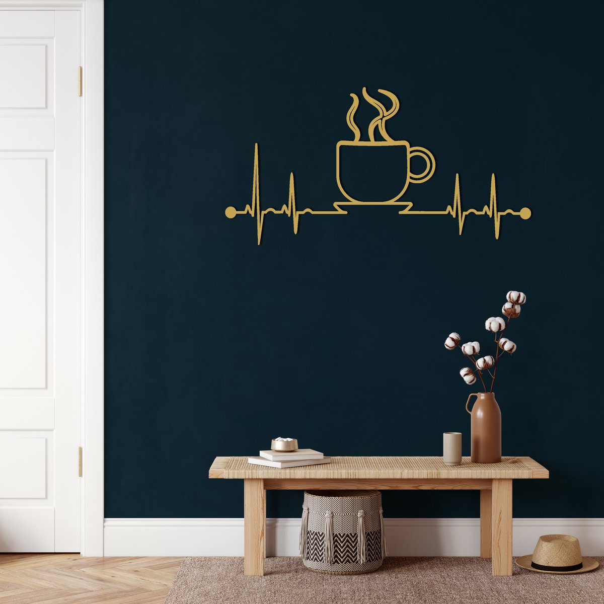 Wanddecoratie |Ekg Koffie / Ekg Coffee | Metal - Wall Art | Muurdecoratie | Woonkamer | Buiten Decor |Gouden| 100x52cm