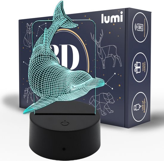 Lumi 3D Lamp - 16 kleuren - Dolfijn - Dieren - Creatief - LED Illusie - Bureaulamp - Nachtlampje - Sfeerlamp - Dimbaar - USB of Batterijen - Afstandsbediening - Cadeau