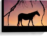 Canvas - Silhouet van Paard onder Boom tegen Rozekleurige Lucht - 40x30 cm Foto op Canvas Schilderij (Wanddecoratie op Canvas)
