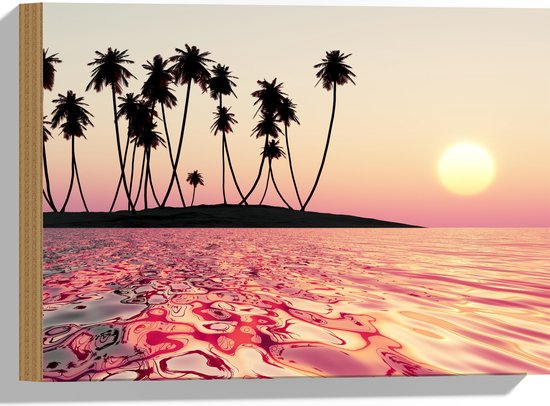 Hout - Silhouet van Palmbomen op Onbewoond Eiland in de Oceaan bij Zonsondergang - 40x30 cm - 9 mm dik - Foto op Hout (Met Ophangsysteem)