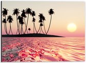 Dibond - Silhouet van Palmbomen op Onbewoond Eiland in de Oceaan bij Zonsondergang - 40x30 cm Foto op Aluminium (Wanddecoratie van metaal)
