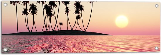 Tuinposter – Silhouet van Palmbomen op Onbewoond Eiland in de Oceaan bij Zonsondergang - 90x30 cm Foto op Tuinposter (wanddecoratie voor buiten en binnen)