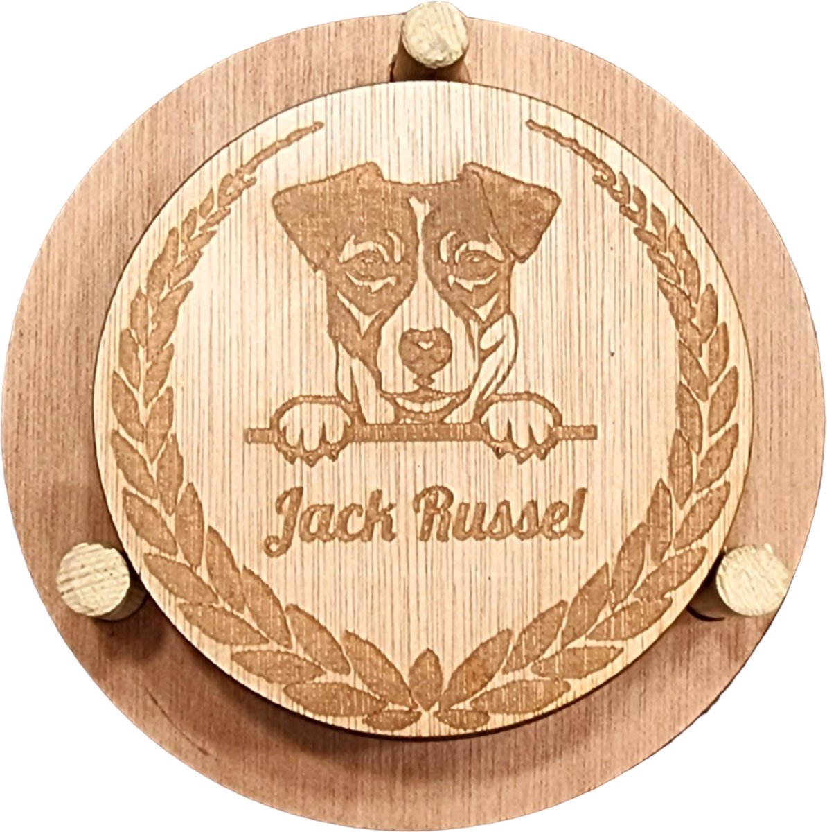 K9 World by van der Veeke, onderzetters met Jack Russel terrier, gegraveerd op hout