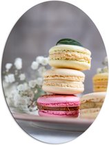 Dibond Ovaal - Stapel Verschillende Smaken Macaron tijdens Chique High Tea - 81x108 cm Foto op Ovaal (Met Ophangsysteem)