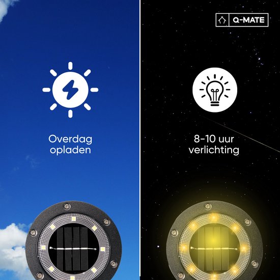 Deux images: Chargement sous le ciel bleu, et de nuit avec 8-10 heures d'éclairage. Spots de sol noirs avec cellule solaire.