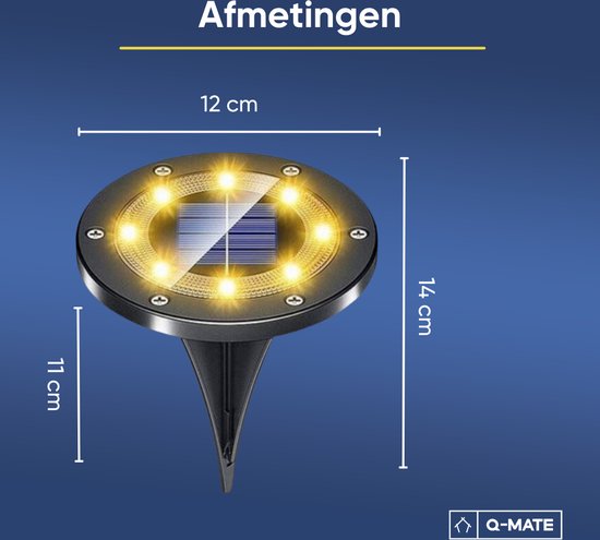 Dimensions: 12 cm de large, 14 cm de haut. Spot de sol noir avec cellule solaire et 8 lampes LED.