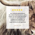 Klantbeoordeling met vijf sterren over een Schotse Hooglander glasschilderij met een luxe glans.
