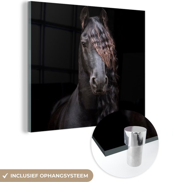 MuchoWow® Glasschilderij 50x50 cm - Schilderij acrylglas - Paarden - Fries - Manen - Zwart - Dieren - Foto op glas - Schilderijen