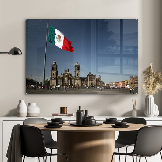 Cathédrale de Mexico et le drapeau mexicain Plexiglas 120x80 cm - Tirage photo sur Glas (décoration murale en plexiglas)