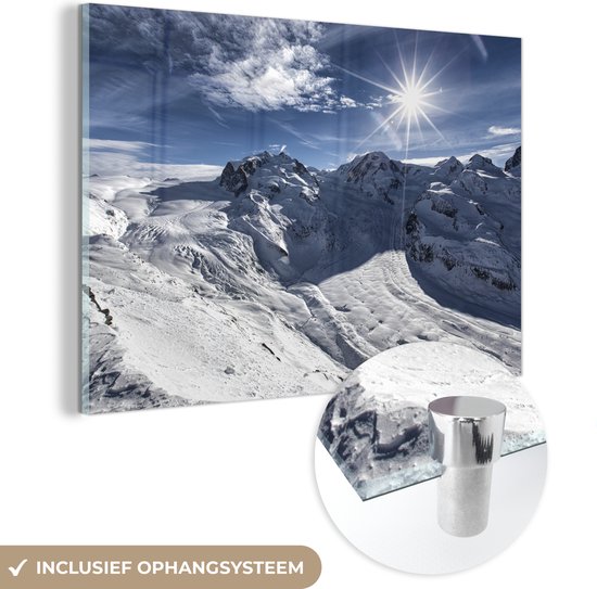 MuchoWow® Glasschilderij 60x40 cm - Schilderij acrylglas - Uitzicht vanaf de berg Gornergrat in de Zwitserse Alpen naar de Aletschgletsjer - Foto op glas - Schilderijen