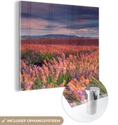 MuchoWow® Glasschilderij 90x90 cm - Schilderij acrylglas - Lavendelveld bij een kalme zonsondergang - Foto op glas - Schilderijen