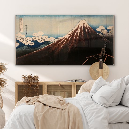 MuchoWow® Peinture sur verre 160x80 cm - Peinture sur verre acrylique - Orage sous le sommet de la montagne - Peinture de Kasushika Hokusai - Photo sur verre - Peintures