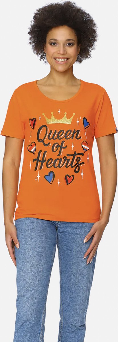 Oranje - T-Shirt Dames - Koningsdag - Queen of Hearts - Maat M - 40-42