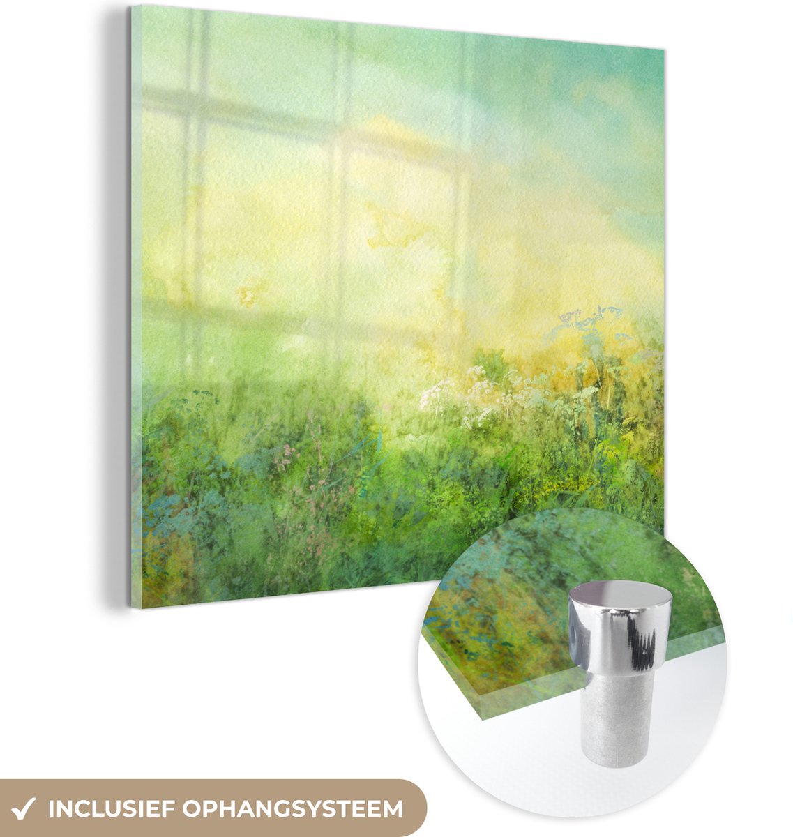 ® Glasschilderij 50x50 cm - Schilderij acrylglas - Gras - Zomer - Olieverf - Foto op glas - Muurdecoratie woonkamer - Wanddecoratie slaapkamer - Schilderijen