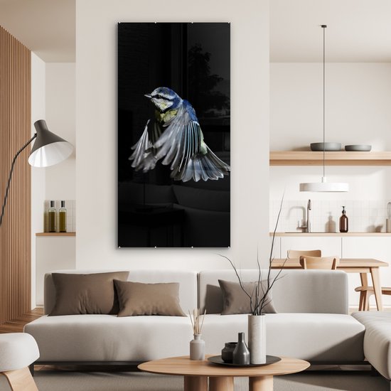MuchoWow® Glasschilderij 80x160 cm - Schilderij acrylglas - Vogels - Veren - Zwart - Foto op glas - Schilderijen