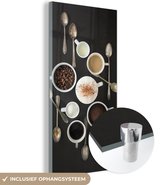 MuchoWow® Glasschilderij 20x40 cm - Schilderij acrylglas - Een bovenaanzicht van de ingrediënten van koffie - Foto op glas - Schilderijen