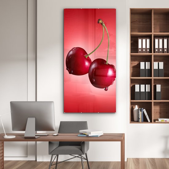 MuchoWow® Glasschilderij 80x160 cm - Schilderij acrylglas - Kersen - Fruit - Rood - Foto op glas - Schilderijen