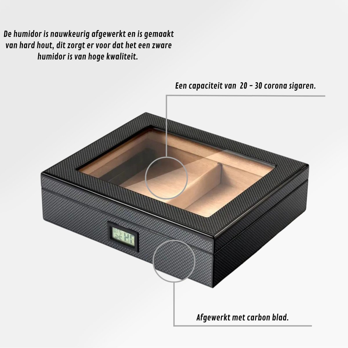 Luxe Humidor set met Carbon look Elektronische Luchtvochtigheid Meter Sigarendoos...