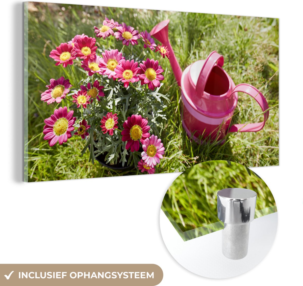 ® Glasschilderij 120x60 cm - Schilderij acrylglas - Bloemen - Gieter - Roze - Foto op glas