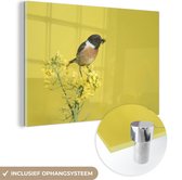 MuchoWow® Glasschilderij 120x80 cm - Schilderij acrylglas - Vogel - Plant - Geel - Foto op glas - Schilderijen