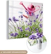 MuchoWow® Glasschilderij 20x20 cm - Schilderij acrylglas - Gieter - Bloemen - Lavendel - Foto op glas - Schilderijen